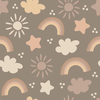 Seamless pattern - rainbow, sun, star, cloud in brown pastel colors, vector illustration for calm cozy design for kids