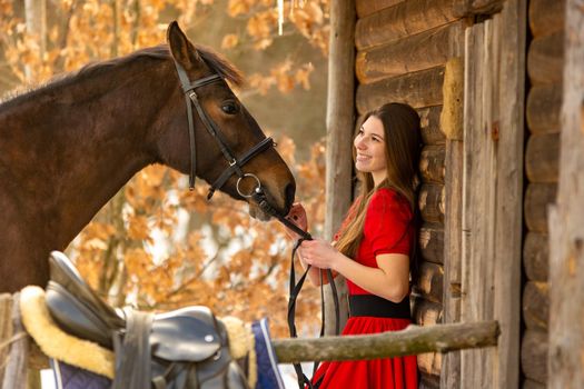 Portrait of a beautiful girl in a red dress, a girl holding a horse by the bridle, a beautiful background of a wooden wall and forest a