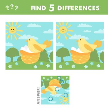 Find differences game for children. Holiday activity page with funny bird, nest and eggs. Printable worksheet with cute bird. Spring puzzle for kids