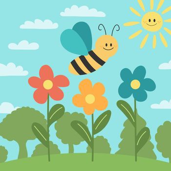 Cute bee in the natural background with flowers and trees. Flat style design - minimal vector illustration for kids