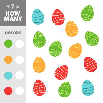 How many easter eggs elements with colors. Educational game for children. Vector illustration for kids