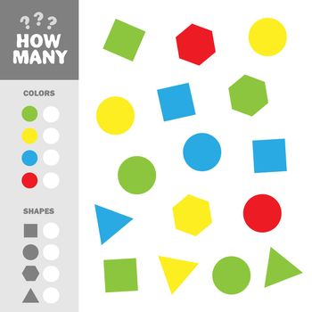 Counting game with simple geometric shapes for kids, educational maths task for development. How many elements with colors and shapes