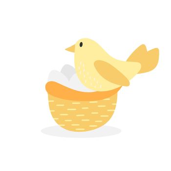 Cute bird with eggs in the nest on white. Happy little bird, springtime. Cartoon character, hand drawn vector illustration for happy Easter card.