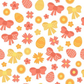 Happy Easter. Modern childish cute hand drawn vector seamless pattern in positive spring colors. Endless texture with flowers, Easter eggs, bows