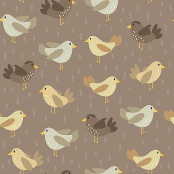 Seamless pattern with cute birds in a hand-drawn style. Beige, brown birds. Background for the children room, fabric, clothing, packaging paper