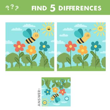 Educational game for children. Find 5 differences. Cute bee with flowers. Cartoon vector illustration for children