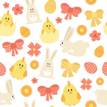 Seamless pattern with Easter eggs, chickens and bunnies. Easter design on white background. Red and yellow colors