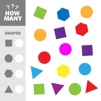 Counting game with simple geometric shapes for kids, educational maths task for development of logical thinking. How many elements with shapes