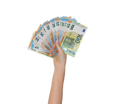 Woman hand with many euro cash money banknotes isolated on white background. High quality photo