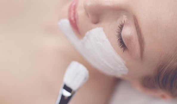 Spa facial mask application. Spa beauty organic facial mask application at day spa salon.