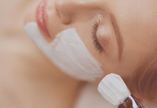 Spa facial mask application. Spa beauty organic facial mask application at day spa salon