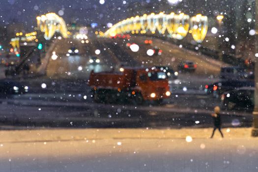 movement during a winter snow storm in the center of Moscow.