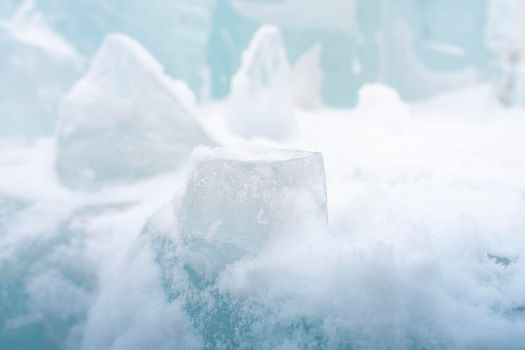 Glacier ice podium for mockup display or presentation of products. Advertising concept.