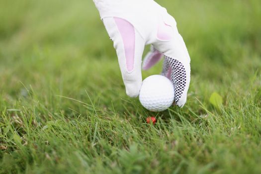 Close-up of professional golf player put ball on holder on green play field. Grass for perfect competition game. Sport lifestyle, physical activity concept