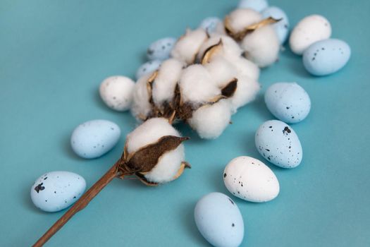 Easter background. Blue and white painted quail eggs on a blue background, decorated with cotton. Happy Easter holiday.