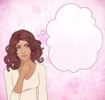 Beautiful woman with blank thought bubbles on watercolor pink background. Ready for your own words.