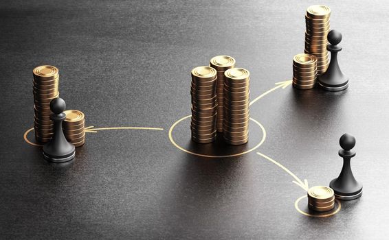 Concept of unequal distribution of income. 3D illustration of generic golden coins and pawns over black background.