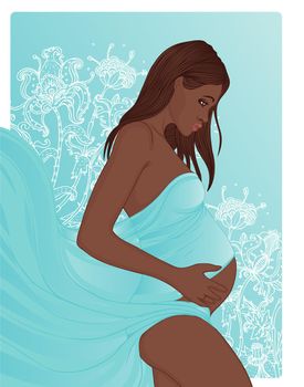 Portrait of a beautiful african american pregnant woman in flowers on the background
