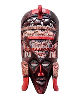 Traditional wooden figurine from Zanzibar isolated on white background. Carving handicraft face god statue