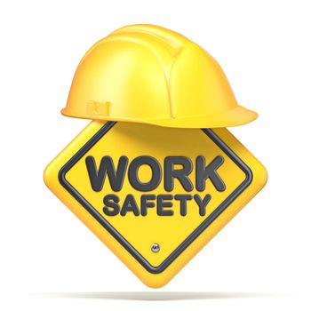 Yellow helmet and WORK SAFETY sign 3D rendering illustration isolated on white background