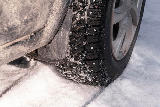 a car wheel with spikes in the snow. High quality photo