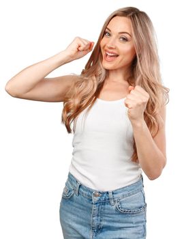 Young casual woman over isolated white background celebrating a victory, portrait