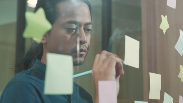 Businessman sticking adhesive notes on glass wall in creative in office, The man working write work with stickers reminder on paper on whidows