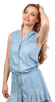 Attractive female with curly hair posing in studio isolated on white background