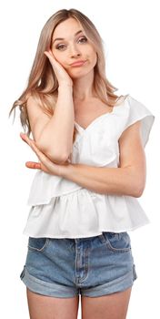 Young caucasian woman posing boredom isolated on white background, close up