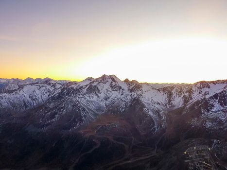 Val Senales panorama of the mountain and the snowy valley at sunset. High quality photo