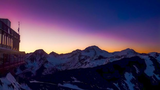 Val Senales panorama of the mountain and the snowy valley at sunset. High quality photo