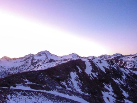 Val Senales panorama of the mountain and the snowy valley at sunset. High quality photo