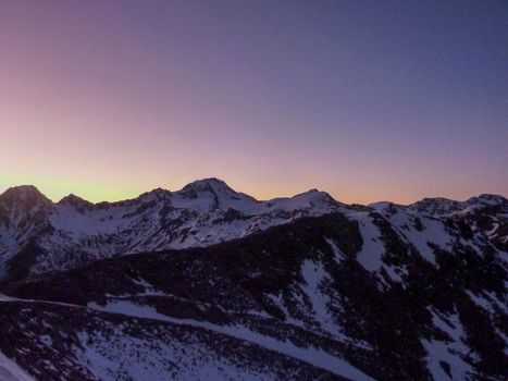 Val Senales panorama of the mountain and the snowy valley at sunset. High quality photo