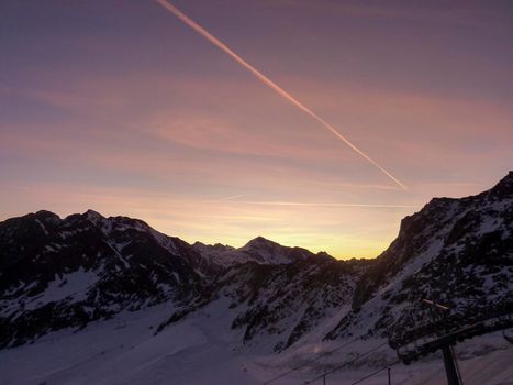 Val Senales panorama of the mountain and the snowy valley at sunset. High quality photo