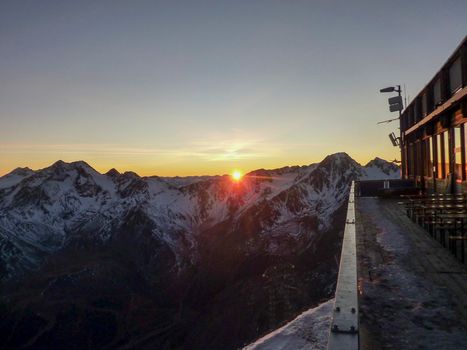 Val Senales panorama of the mountain and the snowy valley at sunset. High quality photo