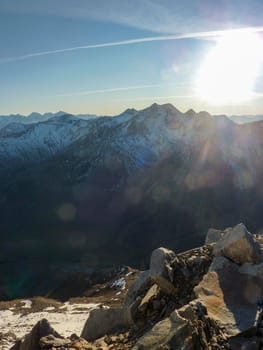 Val Senales panorama of the mountain and the snowy valley with glacier. High quality photo