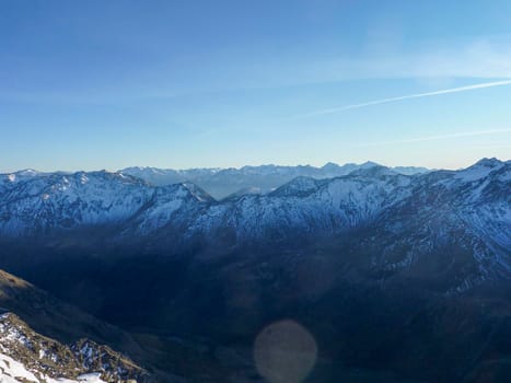 Val Senales panorama of the mountain and the snowy valley in sunny day. High quality photo