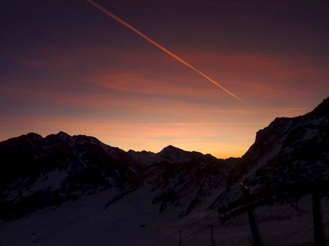 Val Senales panorama of the mountain and the snowy valley at sunset. High quality photo