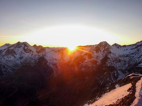 Val Senales panorama of the mountain and the snowy valley at sunset. High quality photo