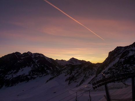 Val Senales panorama of the mountain and the snowy valley at sunset. High quality photo