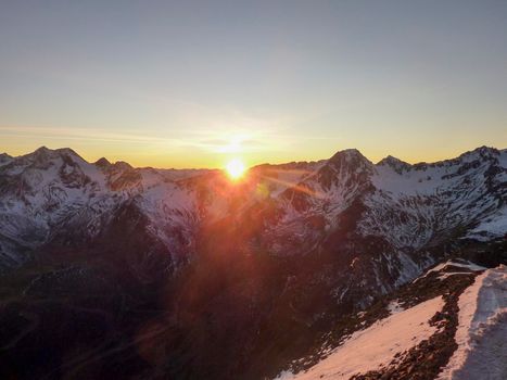 Val Senales panorama of the mountain and the snowy valley at sunset. High quality photo