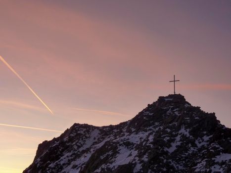 Val Senales panorama of the mountain and the snowy valley at sunset. High quality photo