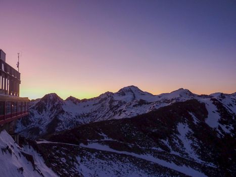 Val Senales panorama of the mountain and the snowy valley at sunset. High quality photo