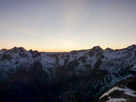 Val Senales panorama of the mountain and the snowy valley at sunset. High quality photo