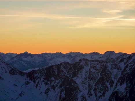 Val Senales panorama of the mountain and the snowy valley at sunset. High quality photo