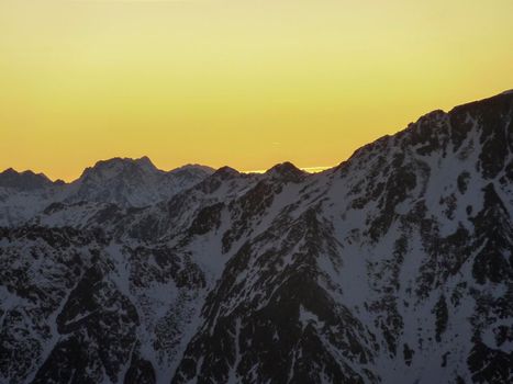 Val Senales panorama of the mountain and the snowy valley at sunset. High quality photo