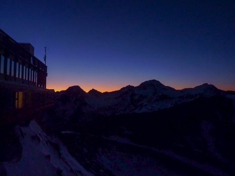 Val Senales panorama of the mountain and the snowy valley at sunset. High quality photo