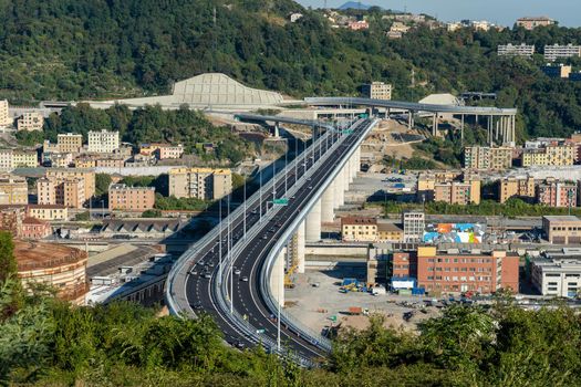 Genoa, Italy - 09 05 2020: Top View of the new San Giorgio bridge in Genoa, Italy.