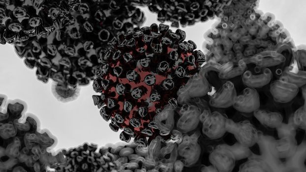 Coronavirus 2019-nCov novel coronavirus concept resposible for asian flu outbreak and coronaviruses influenza as dangerous flu strain cases as a pandemic. Microscope virus close up. On black background. 3d rendering