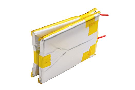 swollen double Li-ion battery pack isolated on white background.